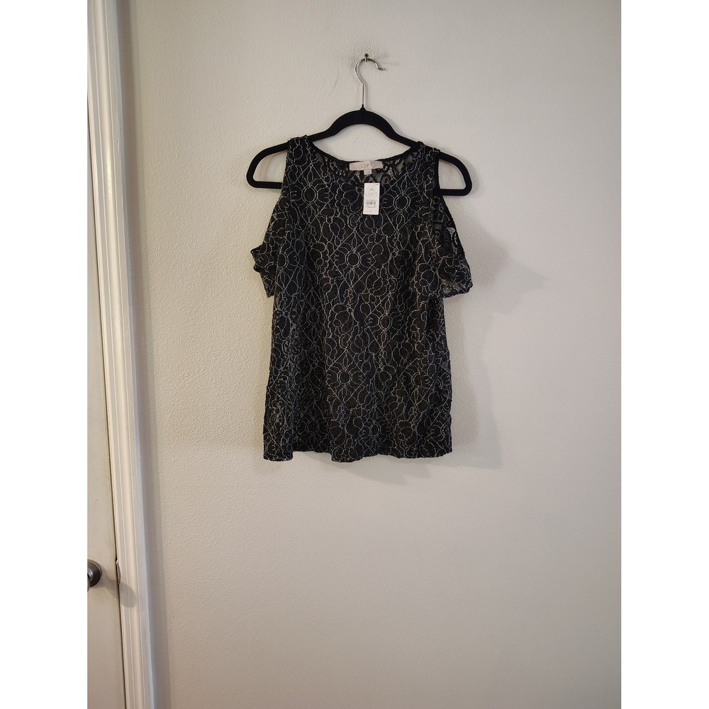 LOFT Womens Black‎ Silver Metallic Floral Lace Cold Shoulder Top NWT Size S